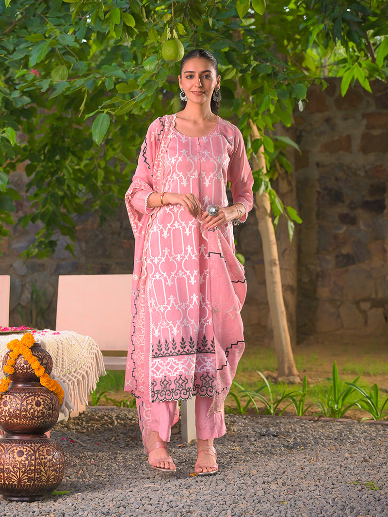 Navya Pure Mul Chanderi Embroidered Kurta Set with Dupatta - Rose Pink
