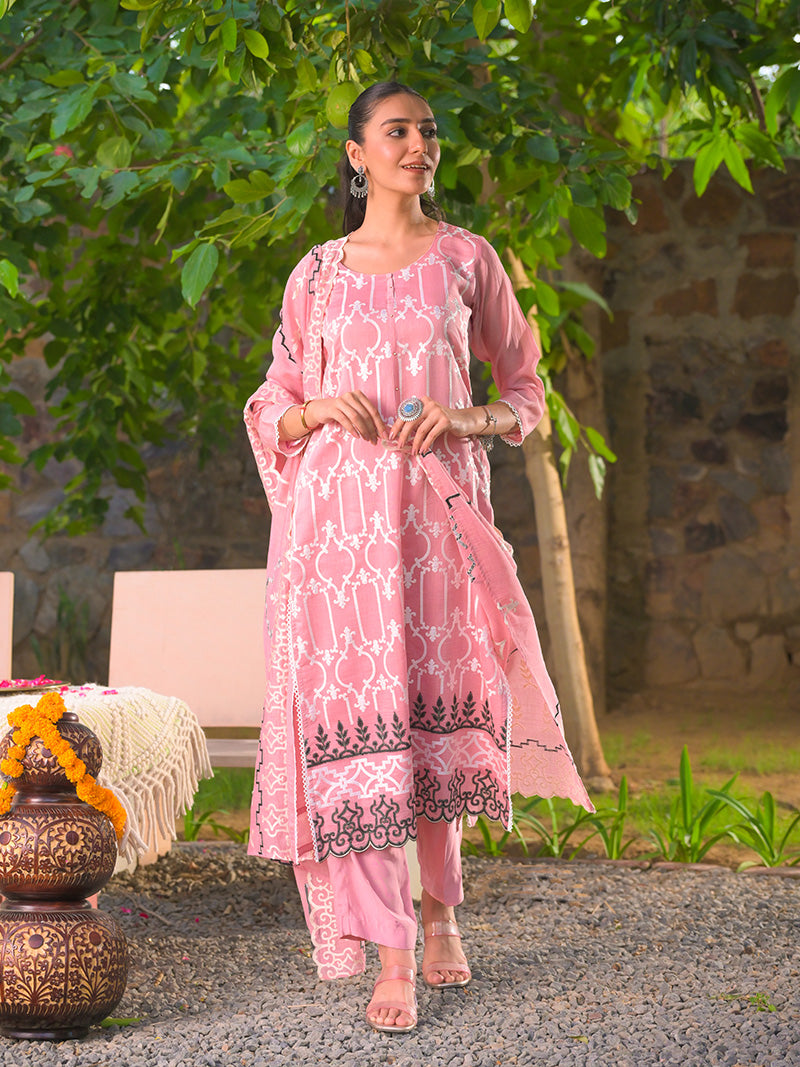 Navya Pure Mul Chanderi Embroidered Kurta Set with Dupatta - Rose Pink