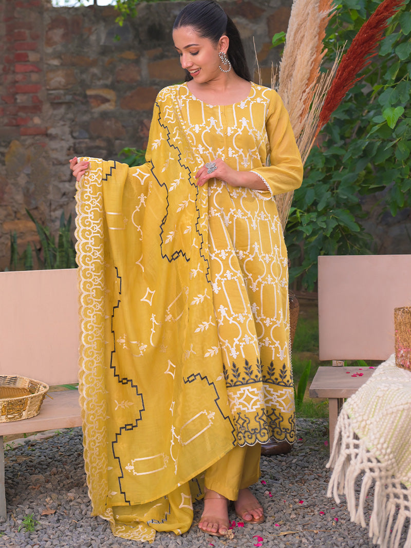 Navya Pure Mul Chanderi Embroidered Kurta Set with Dupatta - Sunset Mustard