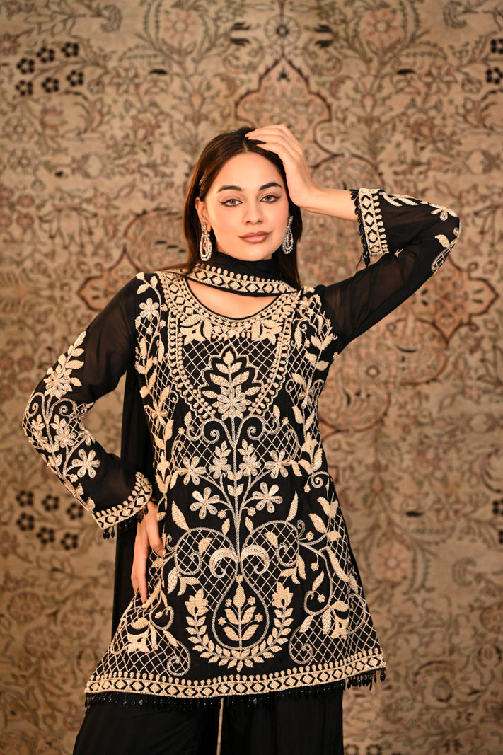 Midnight Elegance Embroidered Suit Set With Dupatta