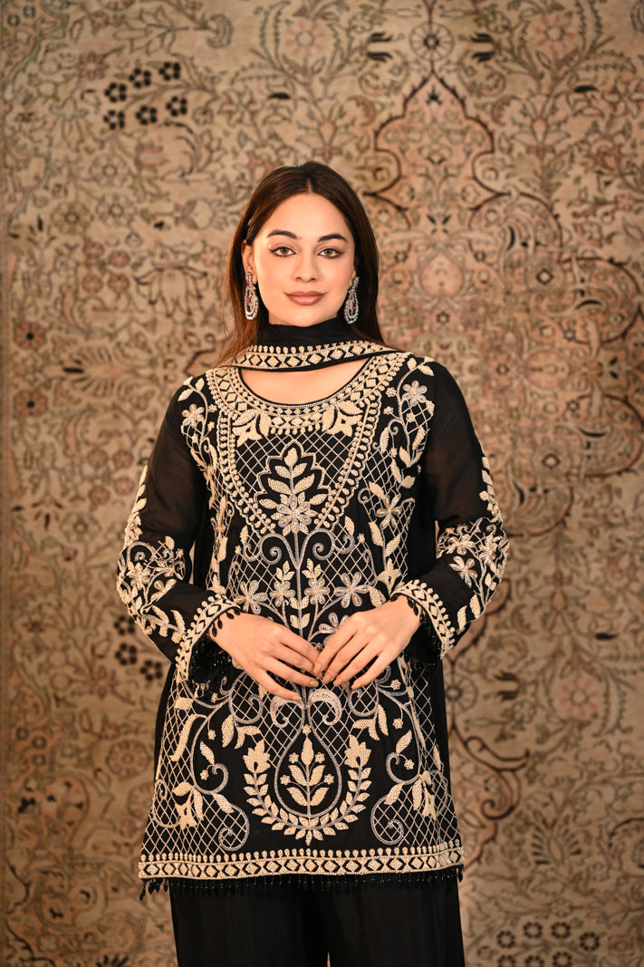 Midnight Elegance Embroidered Suit Set With Dupatta