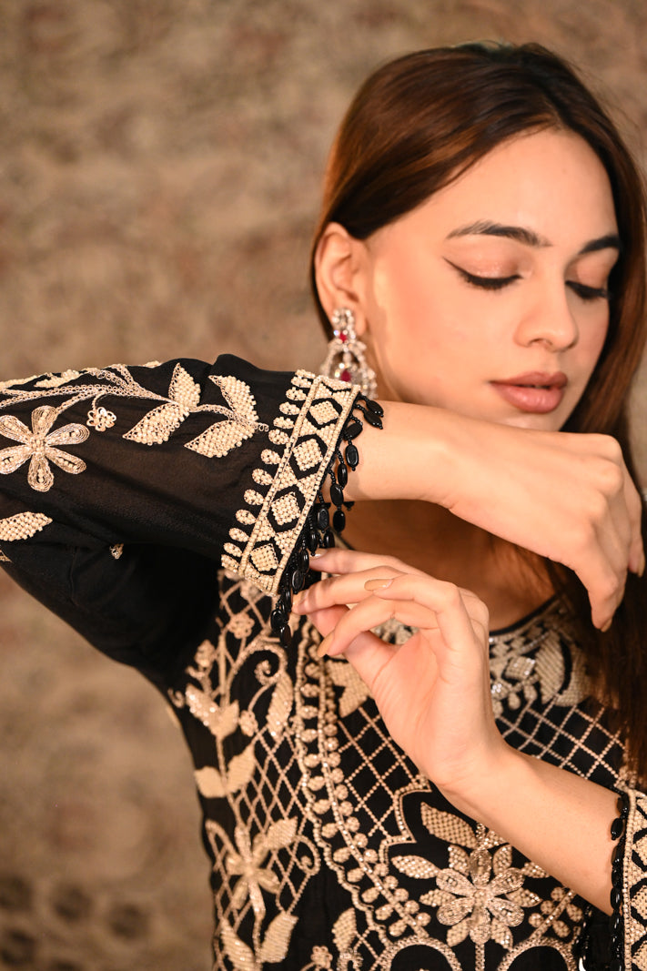 Midnight Elegance Embroidered Suit Set With Dupatta