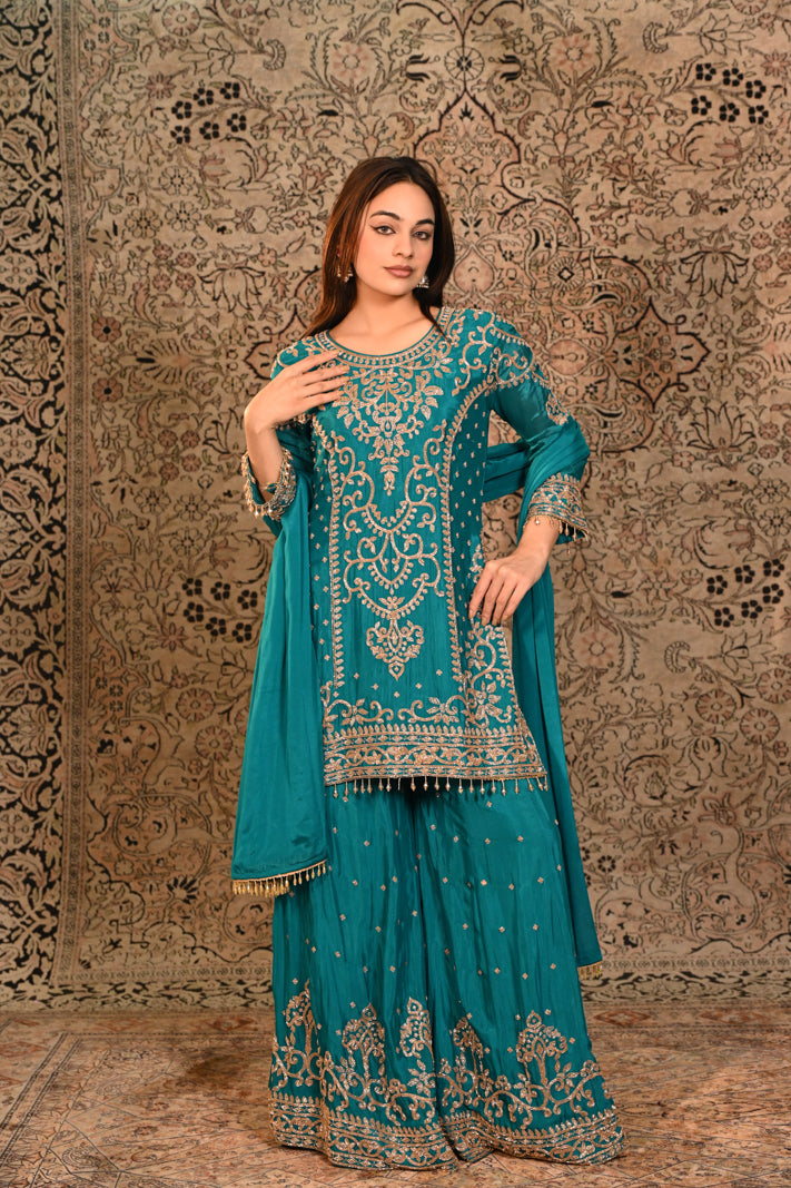 Zarqa Teal Embroidered Short Suit Set