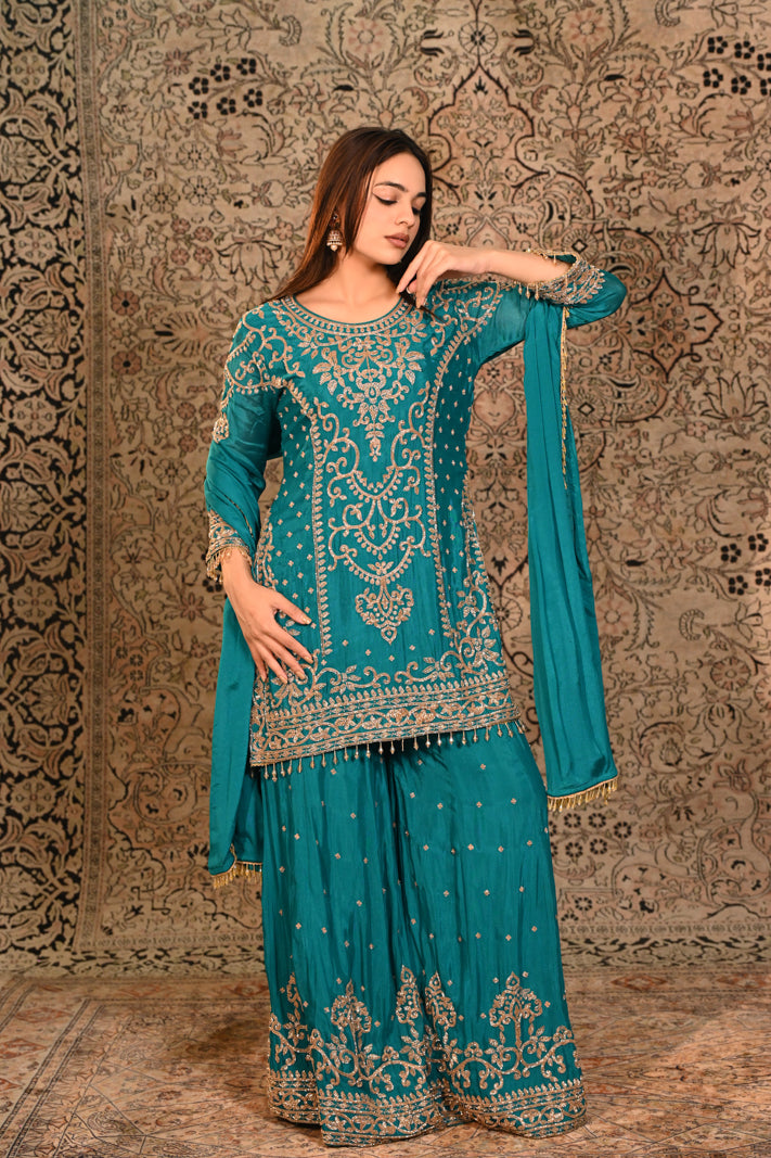 Zarqa Teal Embroidered Short Suit Set