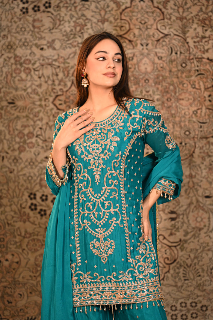 Zarqa Teal Embroidered Short Suit Set