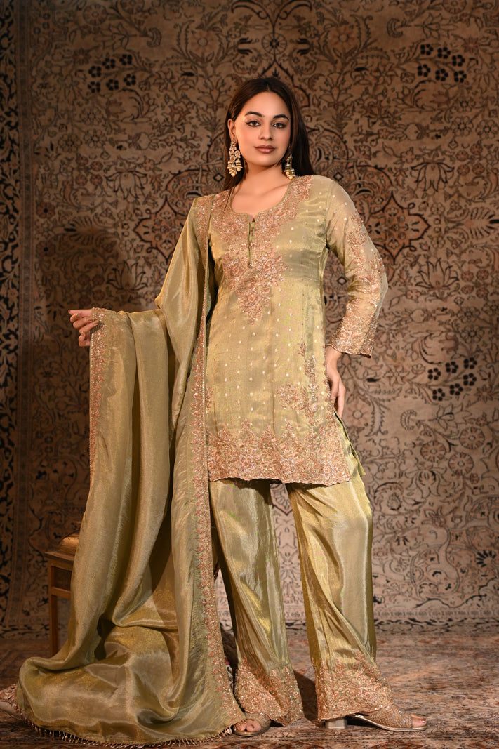 Olive Gold Tissue Silk Embroidered Kurta and Palazzo with Dupatta