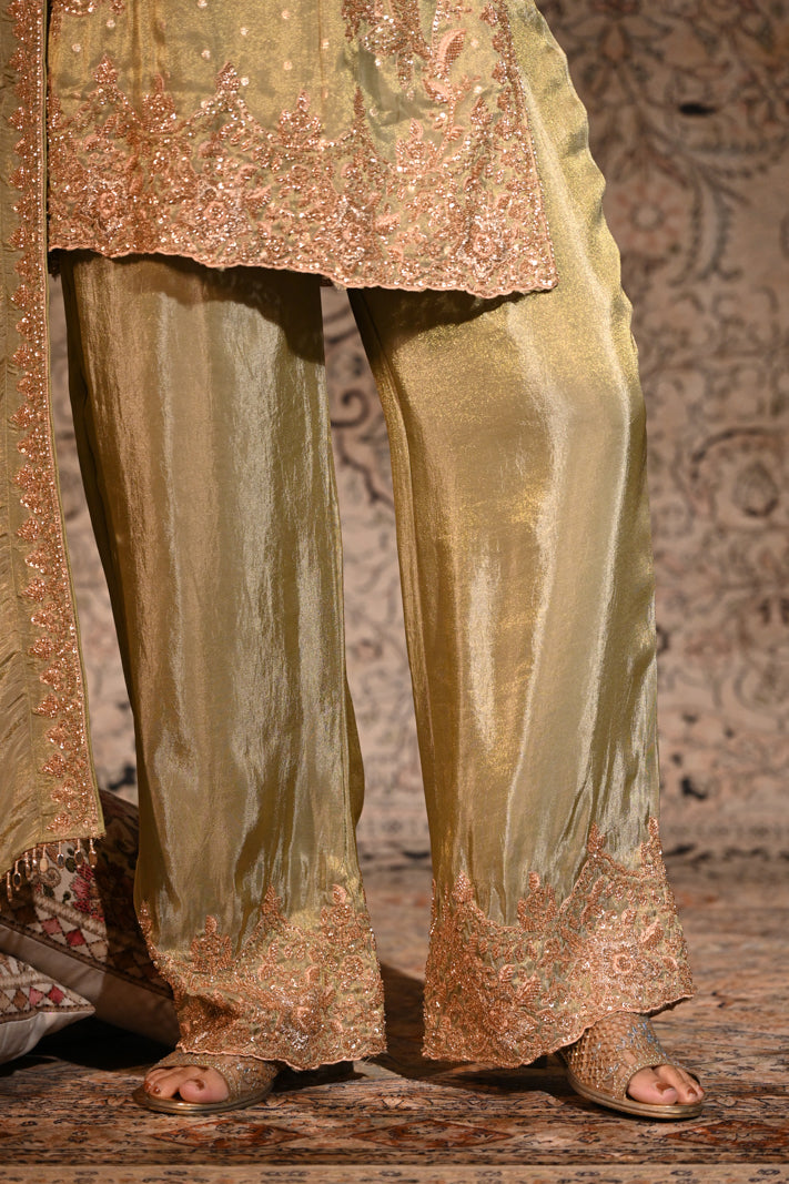 Olive Gold Tissue Silk Embroidered Kurta and Palazzo with Dupatta