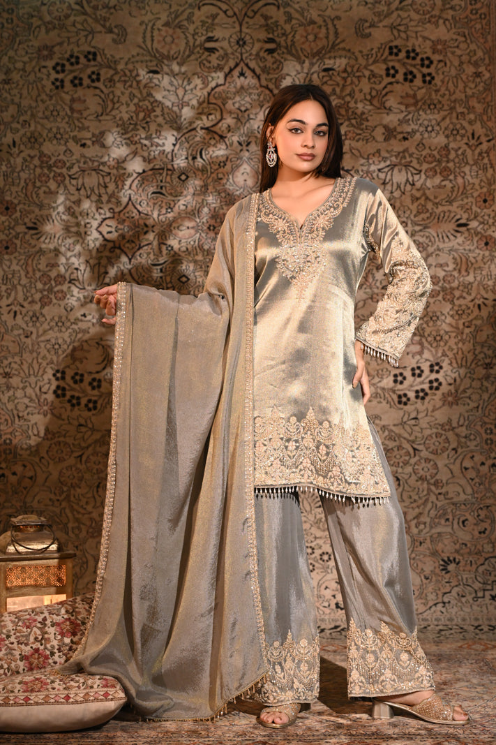 The Inayat Metallic Silver Tissue Silk Embroidered Kurta & Palazzo Set with Dupatta