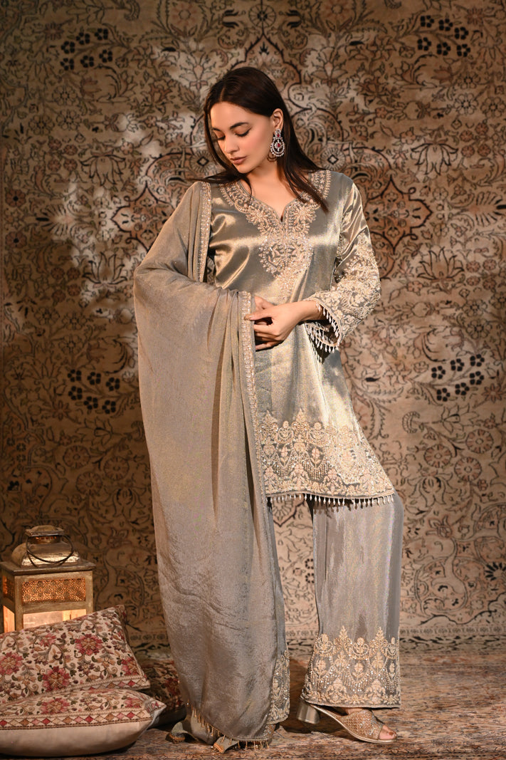 The Inayat Metallic Silver Tissue Silk Embroidered Kurta & Palazzo Set with Dupatta