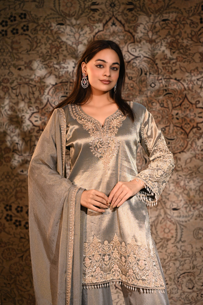 The Inayat Metallic Silver Tissue Silk Embroidered Kurta & Palazzo Set with Dupatta