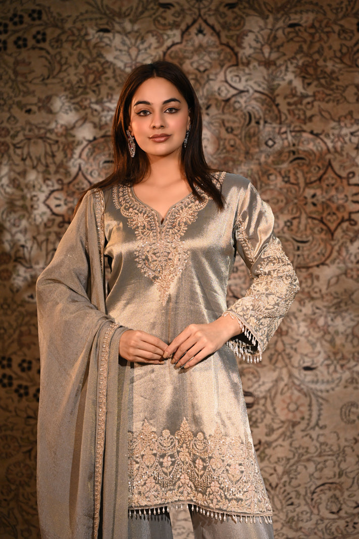 The Inayat Metallic Silver Tissue Silk Embroidered Kurta & Palazzo Set with Dupatta