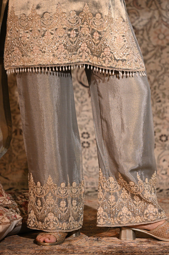 The Inayat Metallic Silver Tissue Silk Embroidered Kurta & Palazzo Set with Dupatta