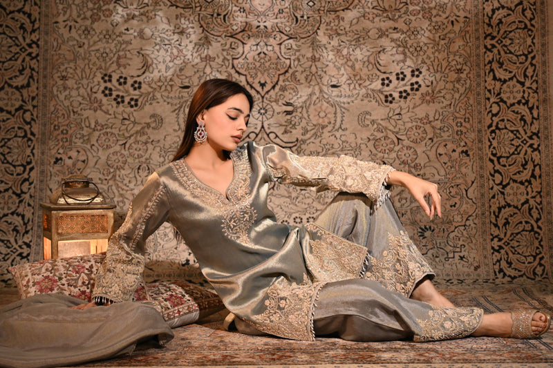 The Inayat Metallic Silver Tissue Silk Embroidered Kurta & Palazzo Set with Dupatta