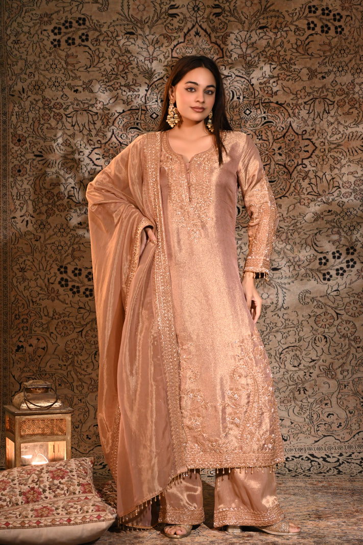 The Zoya Metallic Rose-Gold Tissue Silk Embroidered Kurta & Palazzo Set with Dupatta