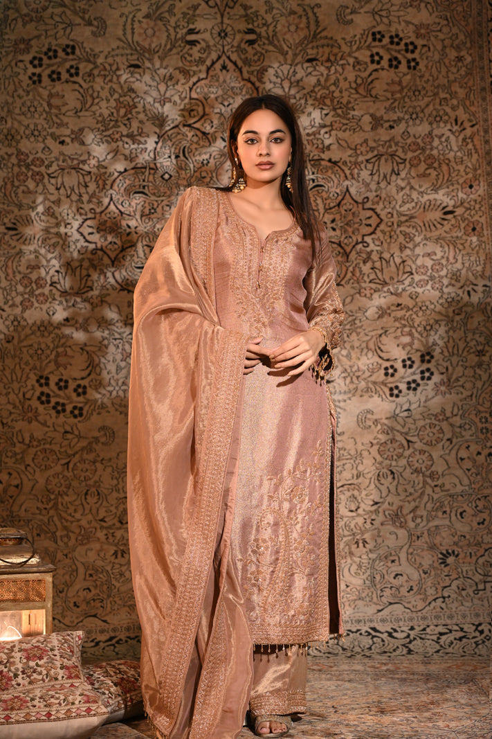 The Zoya Metallic Rose-Gold Tissue Silk Embroidered Kurta & Palazzo Set with Dupatta