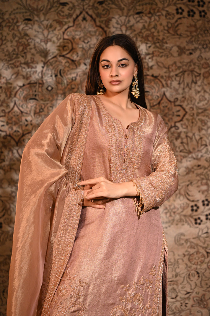 The Zoya Metallic Rose-Gold Tissue Silk Embroidered Kurta & Palazzo Set with Dupatta