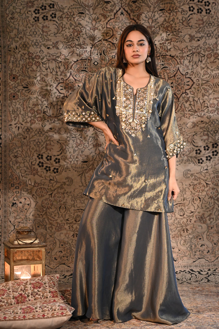 The Afreen Metallic Slate & Gold Tissue Silk Embroidered Kurta & Sharara Set