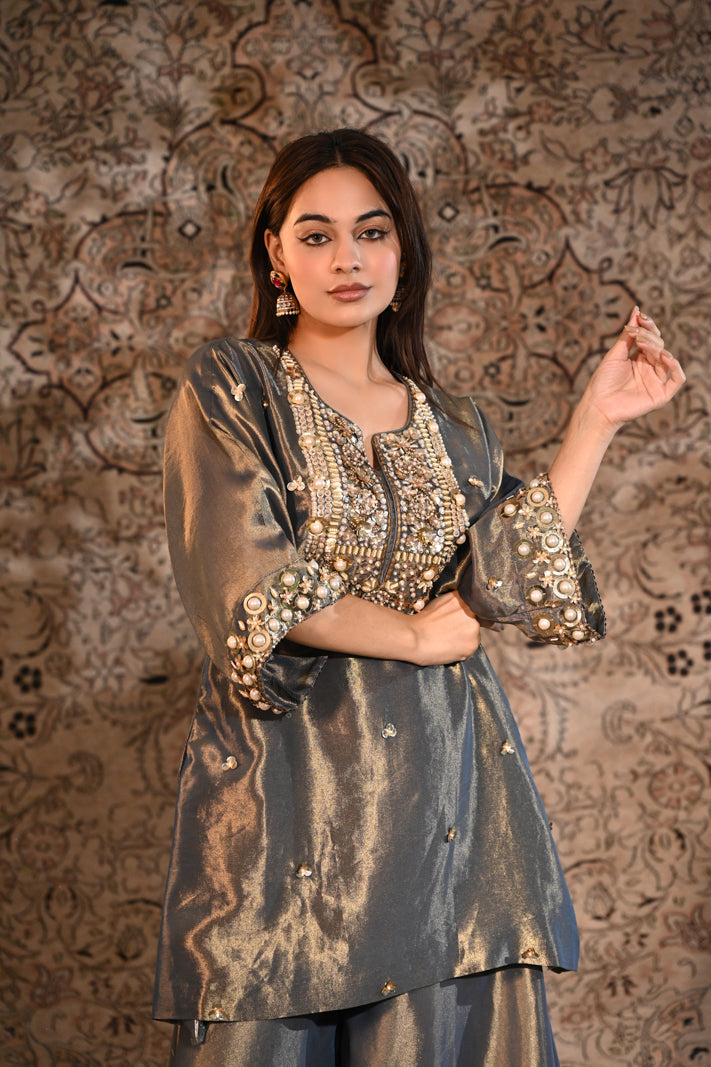 The Afreen Metallic Slate & Gold Tissue Silk Embroidered Kurta & Sharara Set