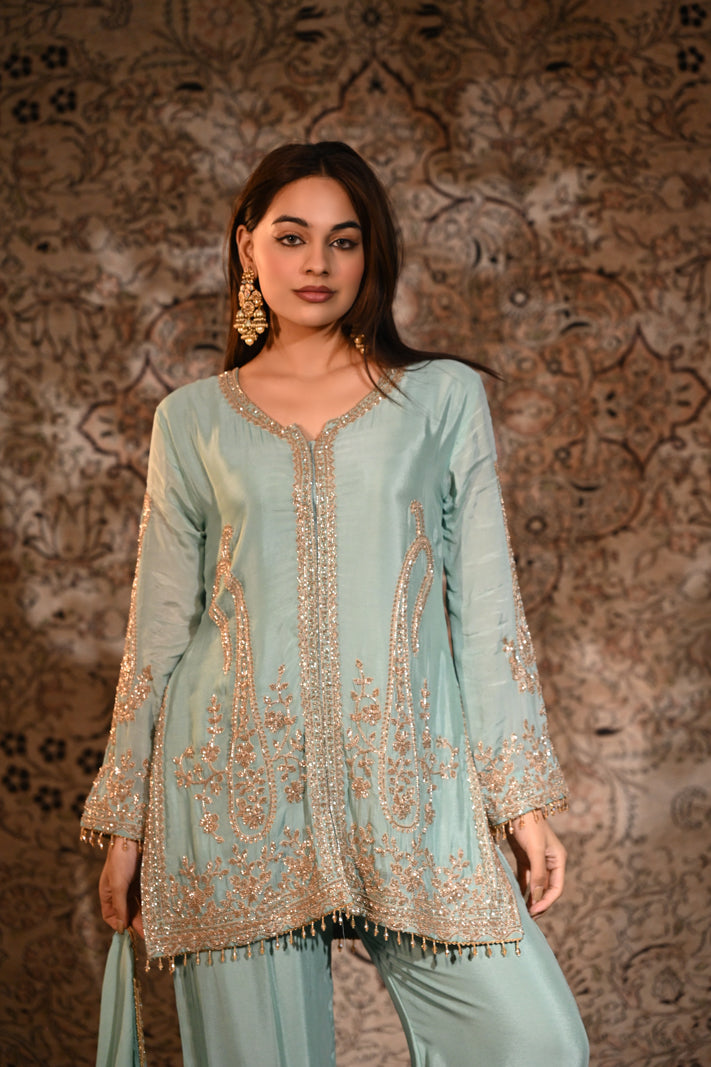 The Aayat Pastel Sea-Green Short Kurta & Palazzo Set with Dupatta