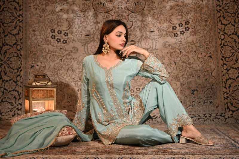 The Aayat Pastel Sea-Green Short Kurta & Palazzo Set with Dupatta