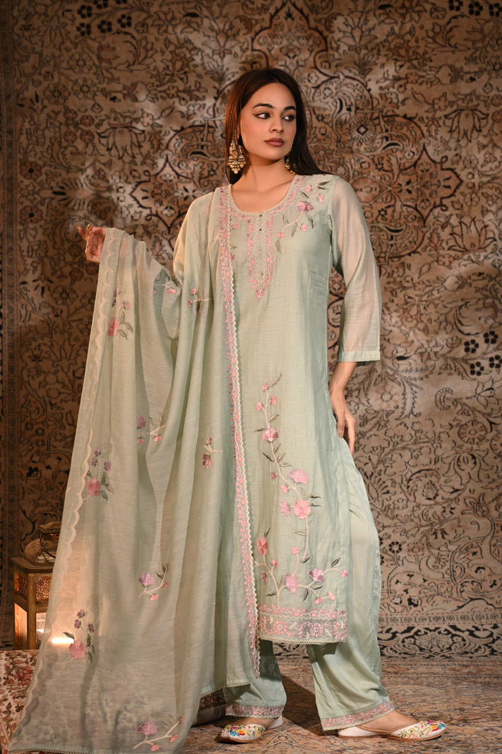 Mint Blossom Embroidered Suit Set