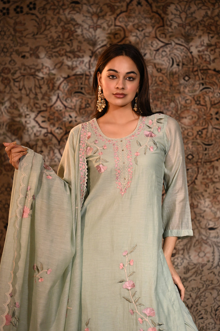 Mint Blossom Embroidered Suit Set