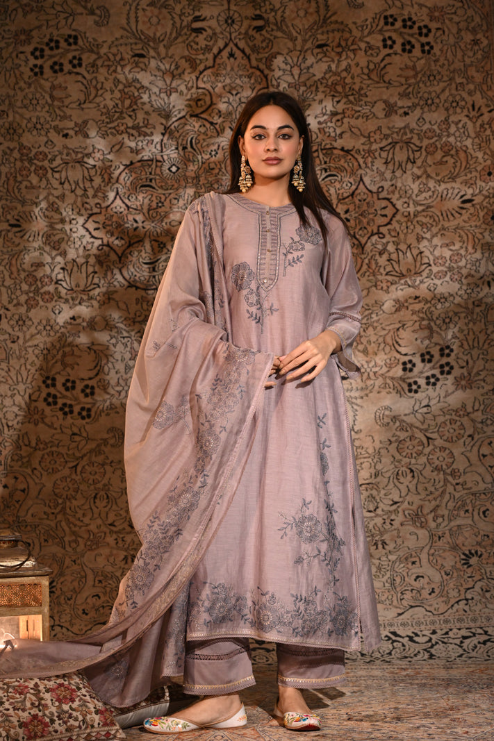 Mauve Meadow Embroidered Suit Set