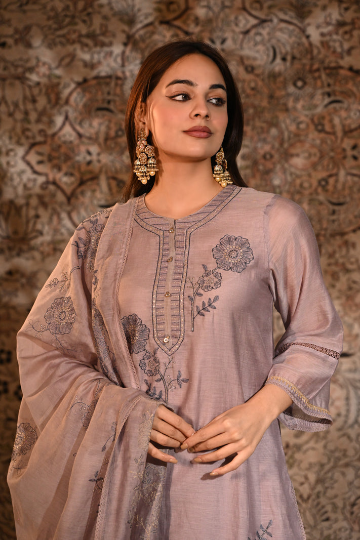 Mauve Meadow Embroidered Suit Set