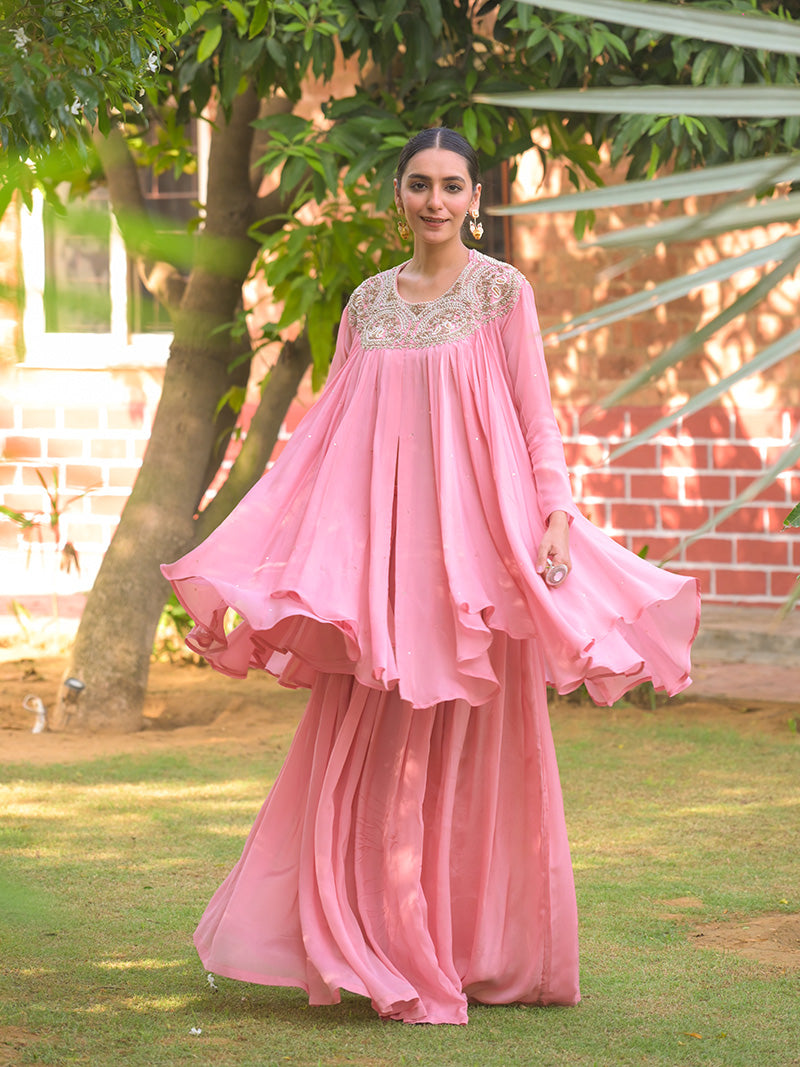 Tara Embroidered Chinnon Kurta Set - Blush Pink