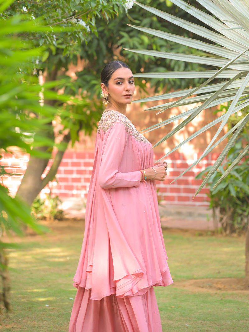 Tara Embroidered Chinnon Kurta Set - Blush Pink