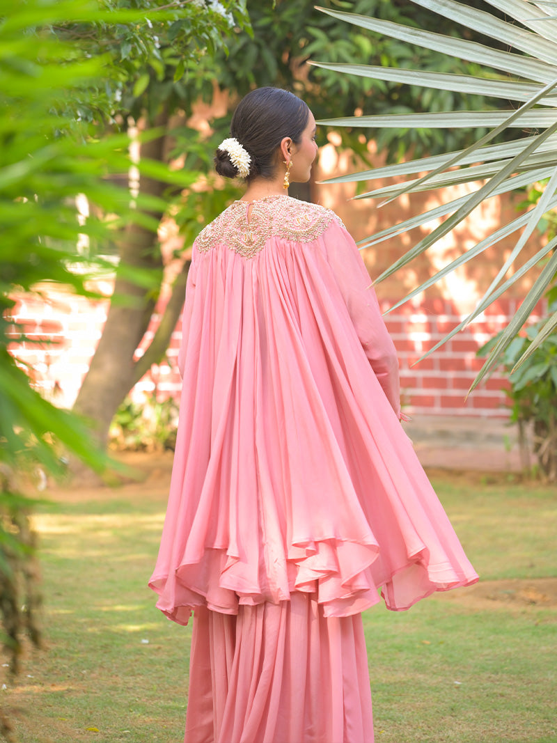 Tara Embroidered Chinnon Kurta Set - Blush Pink