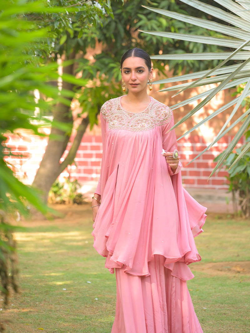 Tara Embroidered Chinnon Kurta Set - Blush Pink