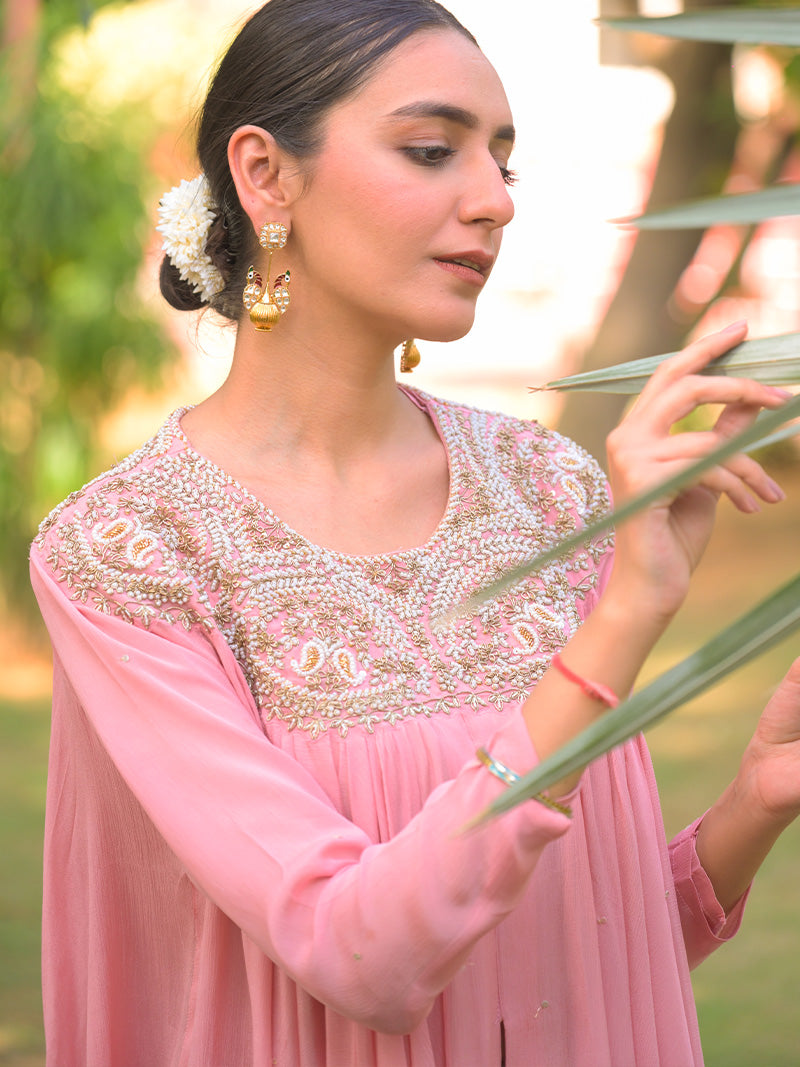 Tara Embroidered Chinnon Kurta Set - Blush Pink