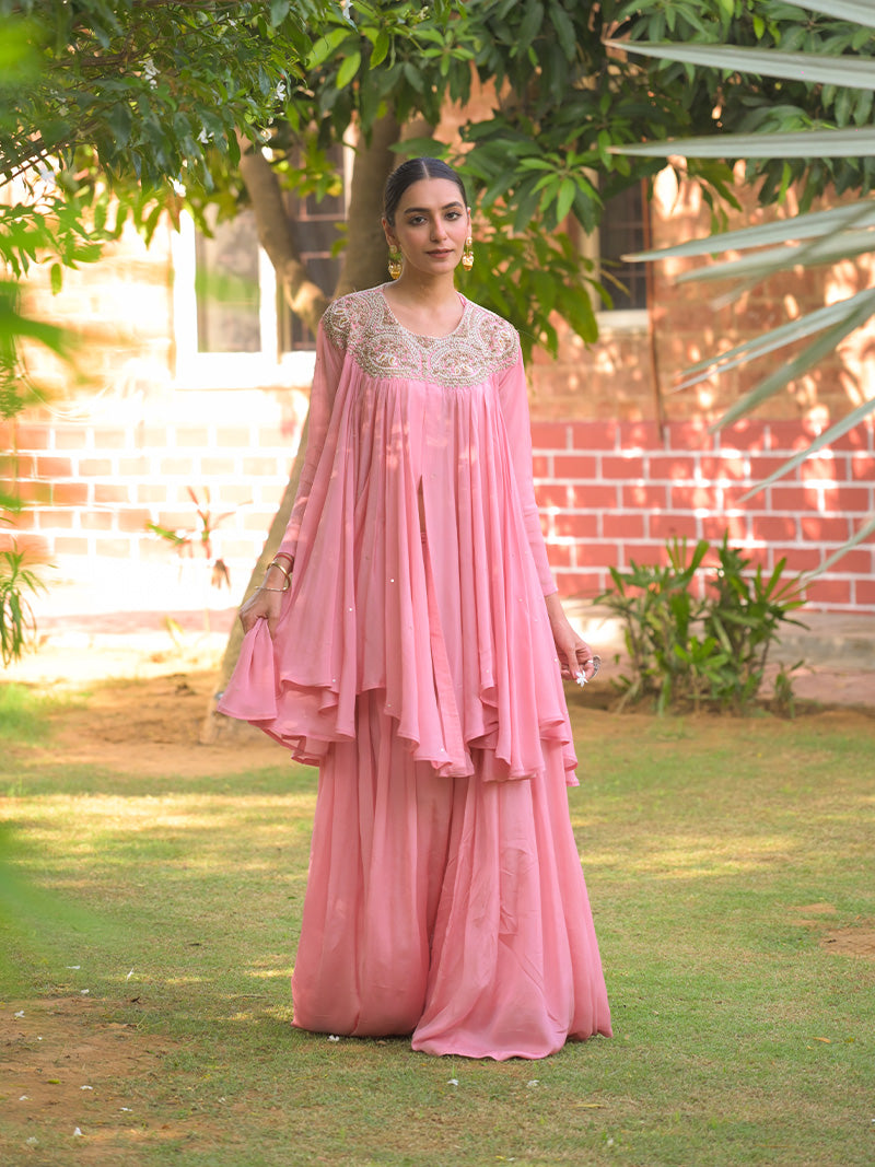Tara Embroidered Chinnon Kurta Set - Blush Pink