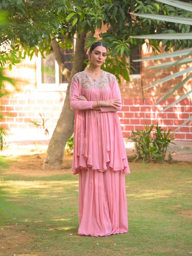 Tara Embroidered Chinnon Kurta Set - Blush Pink