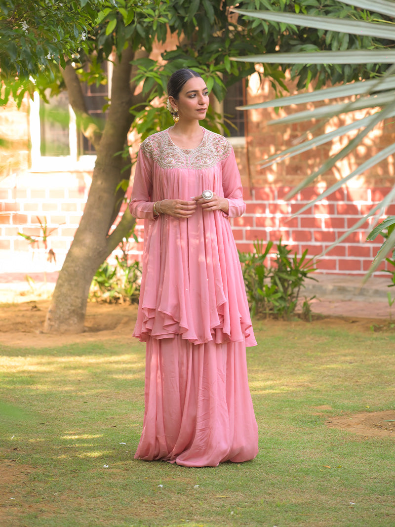 Tara Embroidered Chinnon Kurta Set - Blush Pink