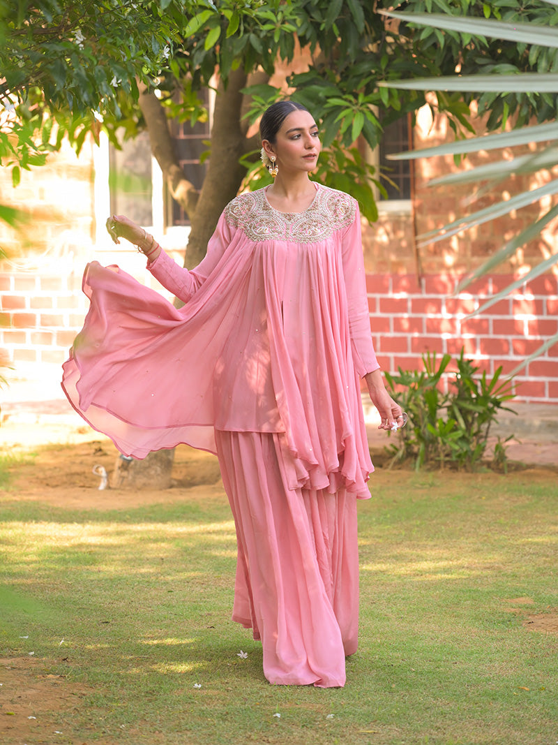 Tara Embroidered Chinnon Kurta Set - Blush Pink