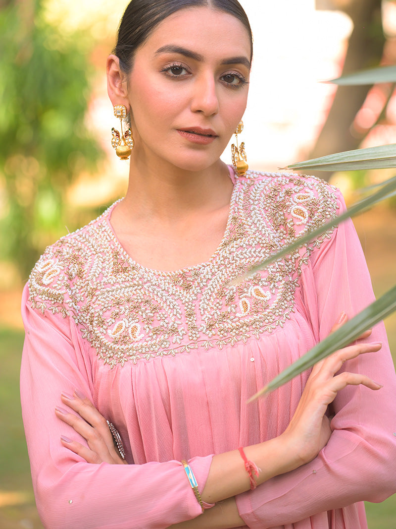 Tara Embroidered Chinnon Kurta Set - Blush Pink