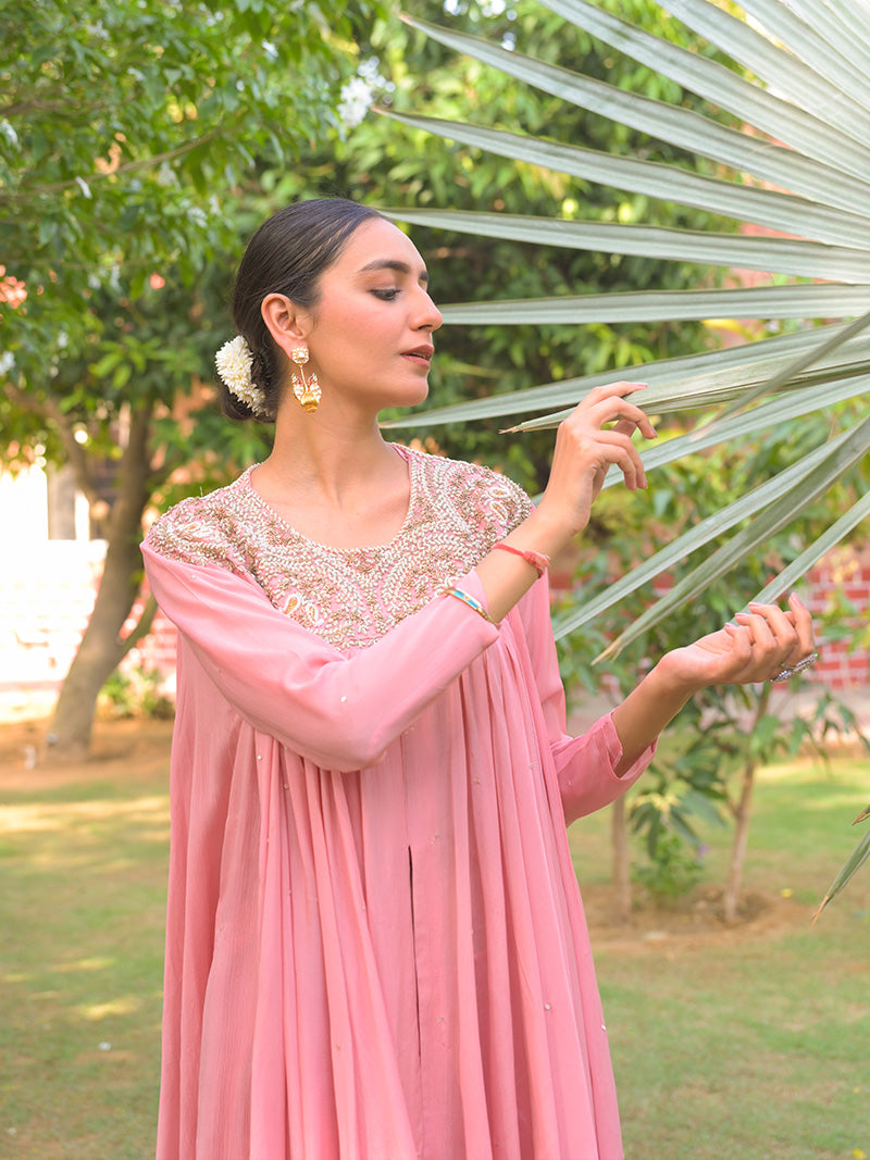 Tara Embroidered Chinnon Kurta Set - Blush Pink
