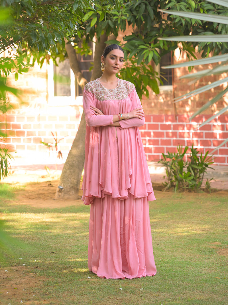 Tara Embroidered Chinnon Kurta Set - Blush Pink