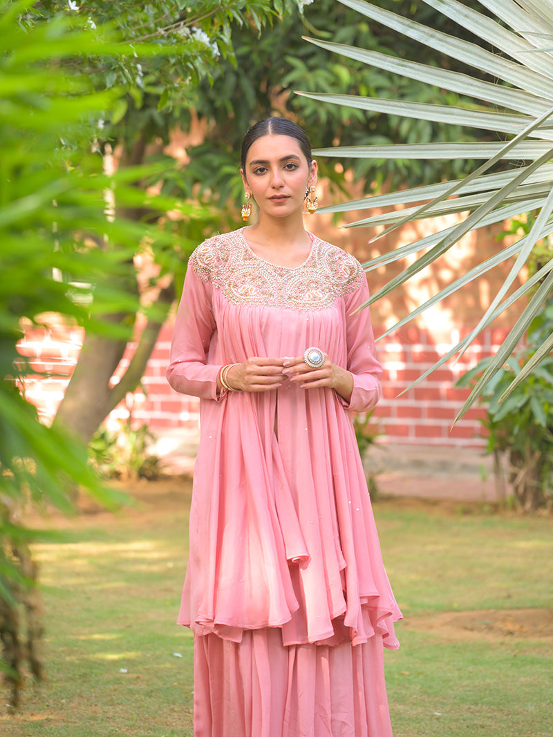 Tara Embroidered Chinnon Kurta Set - Blush Pink