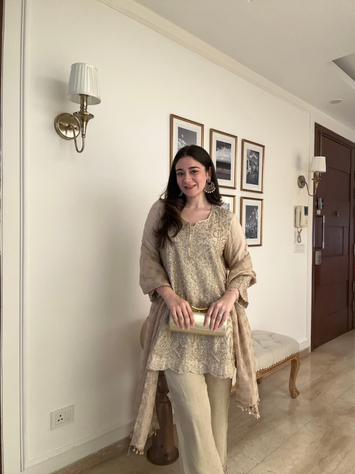 Sana Grover in Tissue Embroidered Suit Set with Dupatta- Ivory