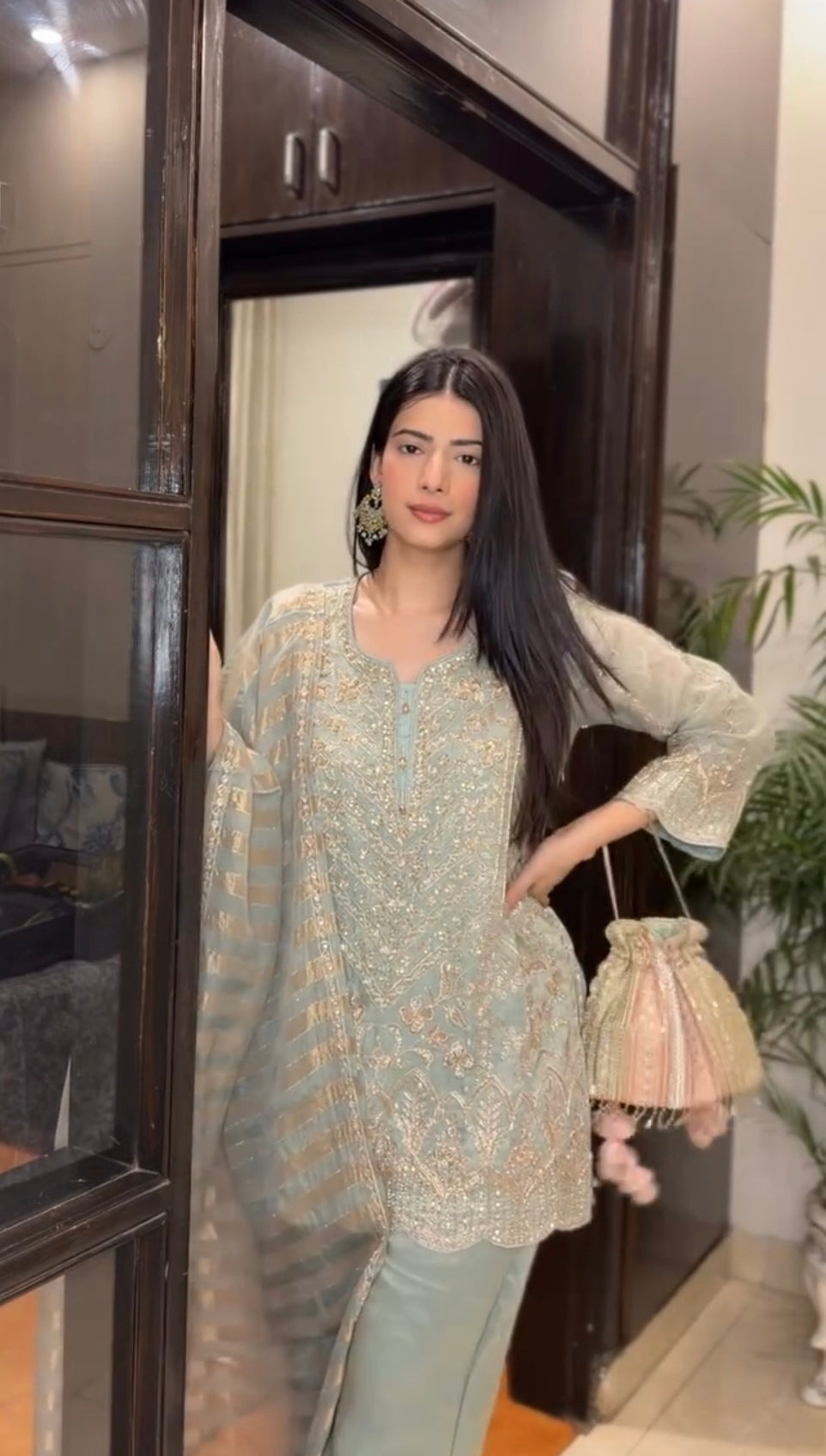 Kaashni Kapoor in  Tissue Embroidered Suit Set with Dupatta- Sky Blue