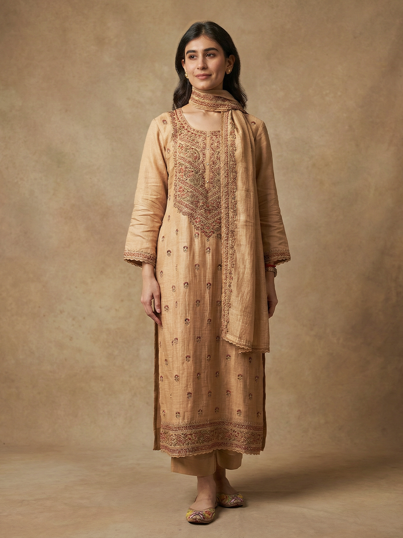SANA MUL CHANDERI EMBROIDERED KURTA SET WITH DUPATTA