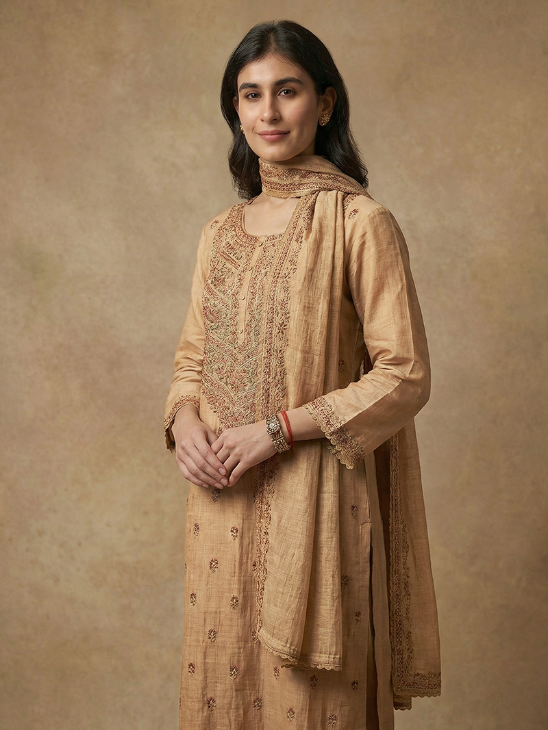 SANA MUL CHANDERI EMBROIDERED KURTA SET WITH DUPATTA