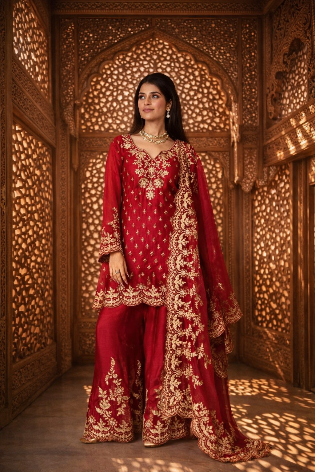 Aarini Mul Chanderi Dori Embroidered Sharara Set – Red