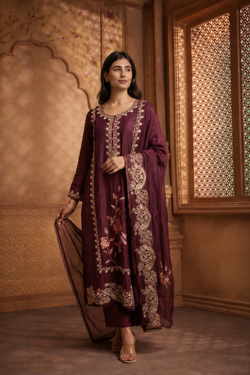 ZAINAB MUL CHANDERI EMBROIDERED KURTA SET WITH DUPATTA
