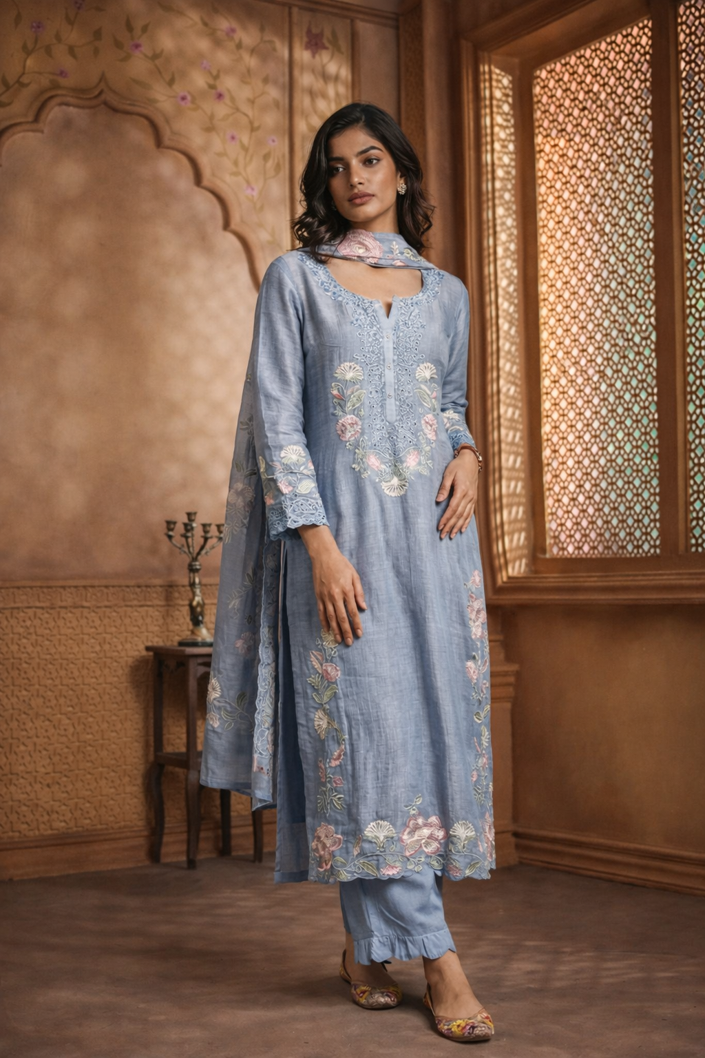 SABA MUL CHANDERI EMBROIDERED KURTA SET WITH DUPATTA