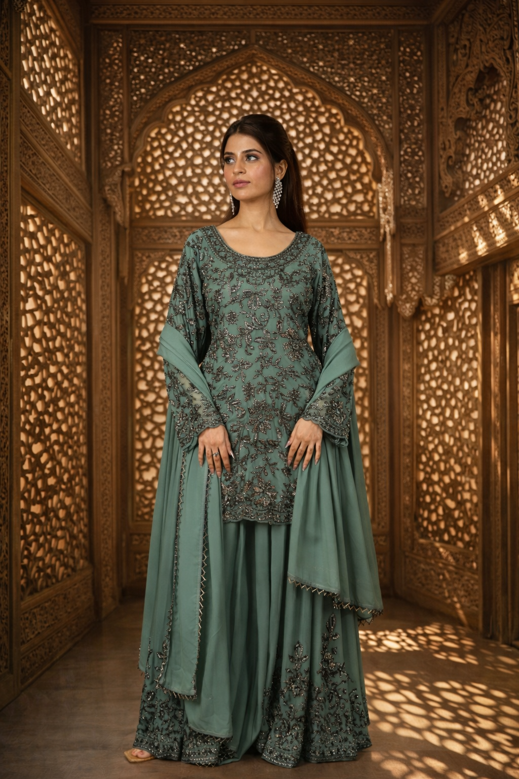 Zayna Georgette Handcrafted Sharara Set – Pastel Teal