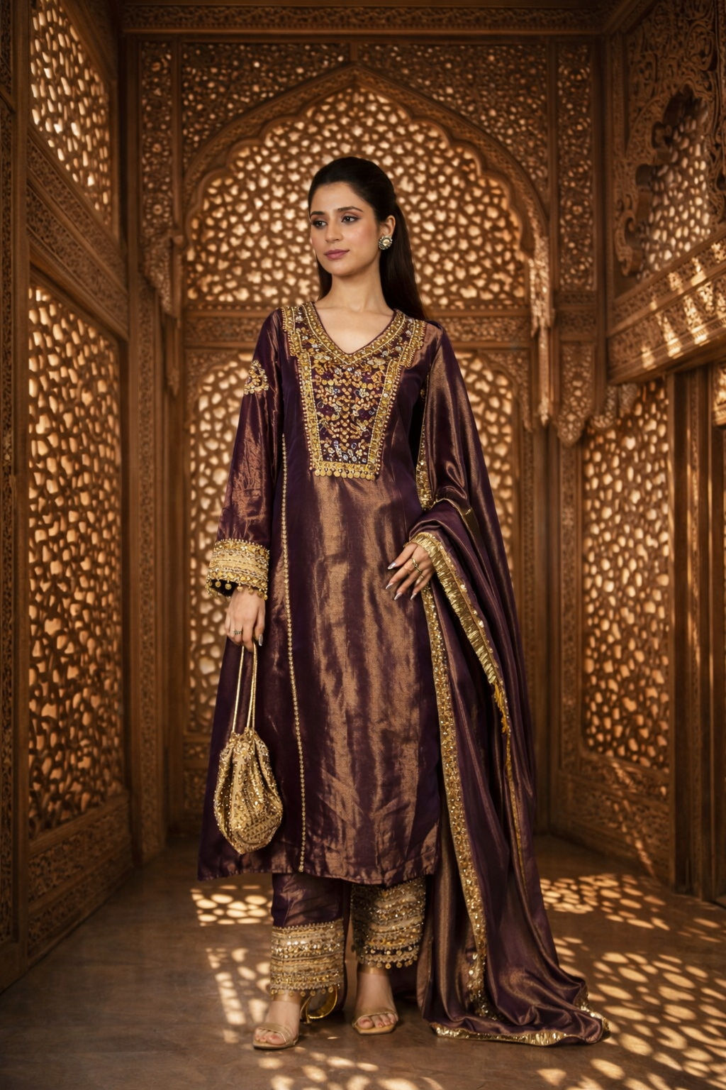 Reyna Kanchipuram Silk Embellished Kurta Set with Dupatta - Deep Wine